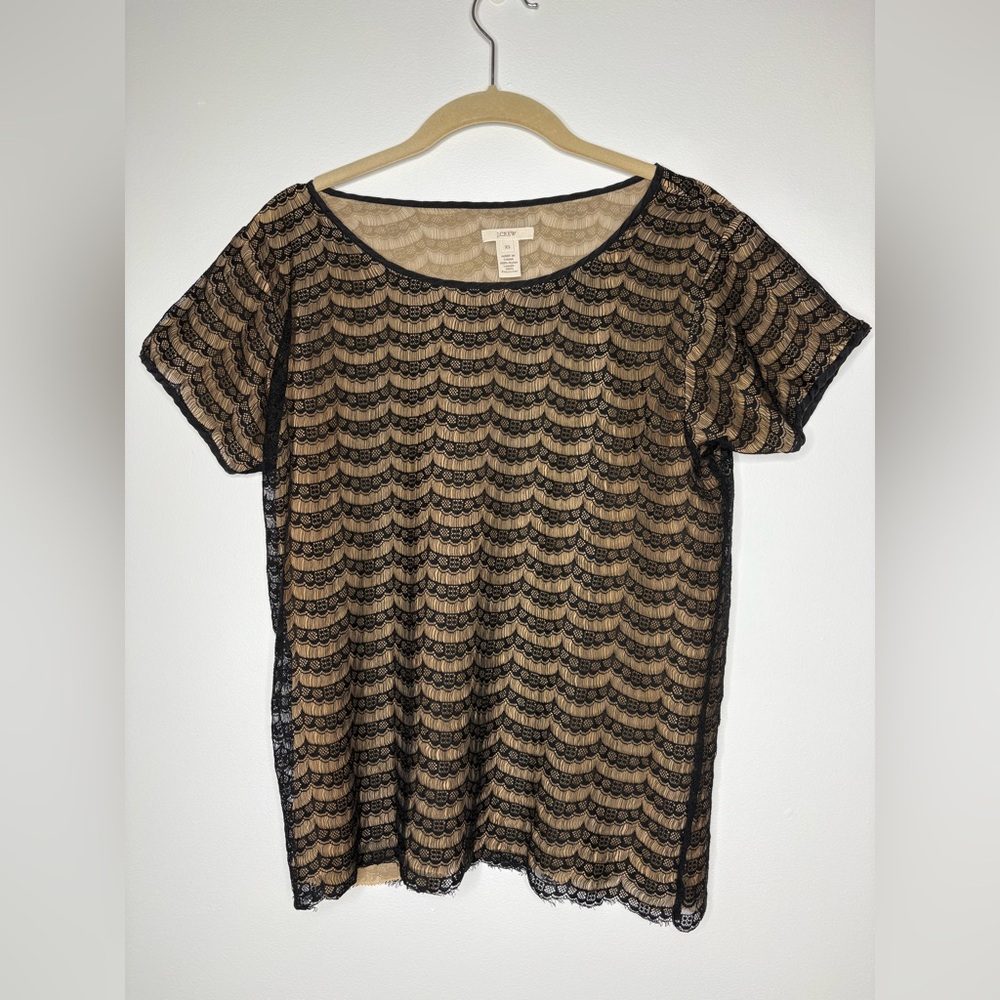 J. Crew Black and Tan Scalloped Lace Overlay Top